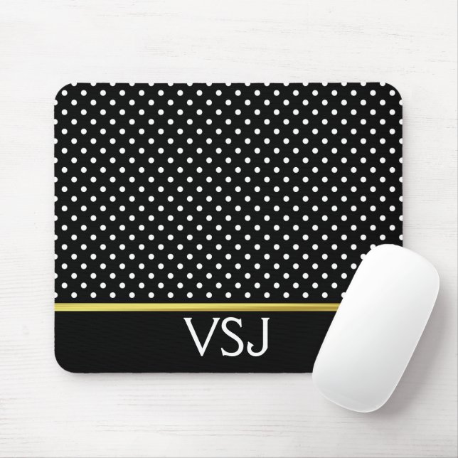 Mousepad Padrão de Bolinhas preto e branco monograma (Com mouse)