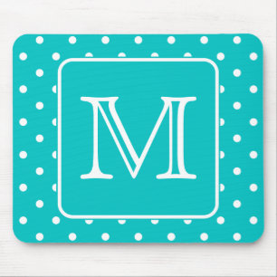 Mousepad Padrão de Bolinhas Teal e Branca. Monograma perso