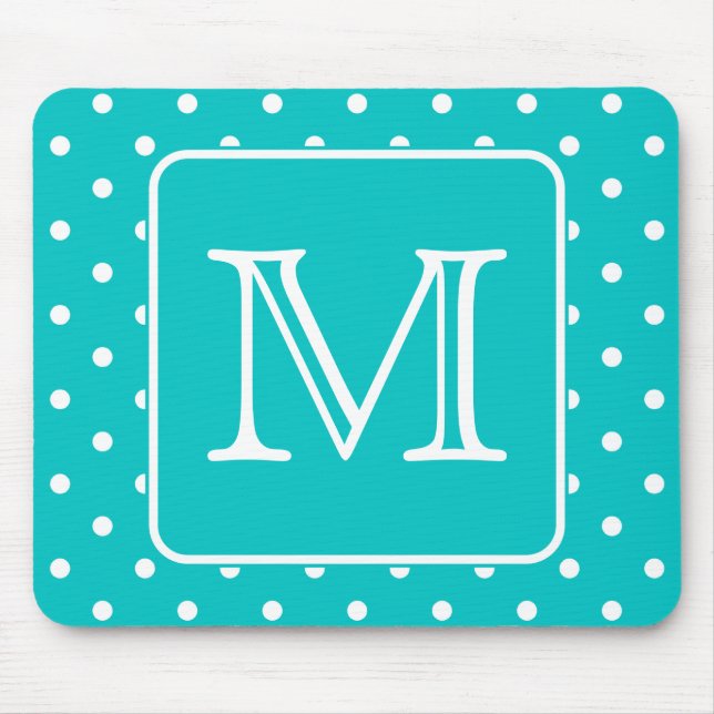 Mousepad Padrão de Bolinhas Teal e Branca. Monograma person (Frente)
