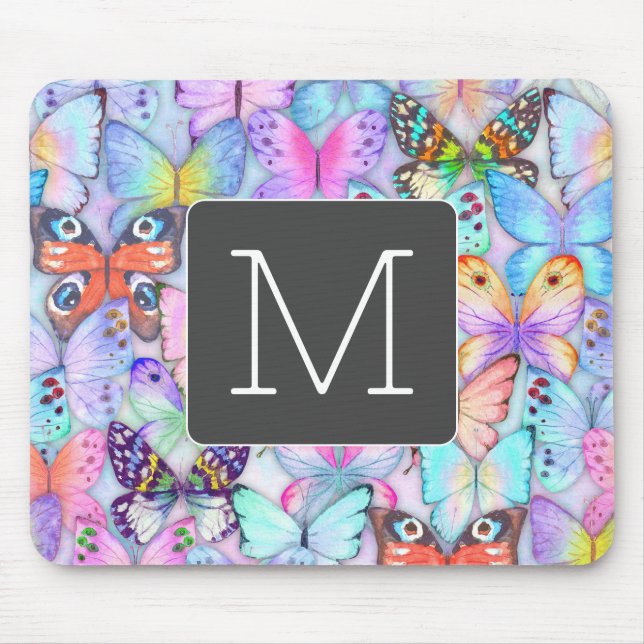Mousepad Padrão de borboleta colorida Boho Azul inicial (Frente)