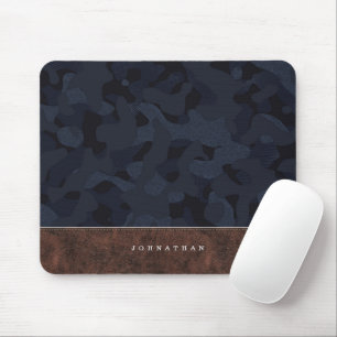 Mousepad Padrão de Camuflagem Azul Marinho Escuro e Couro