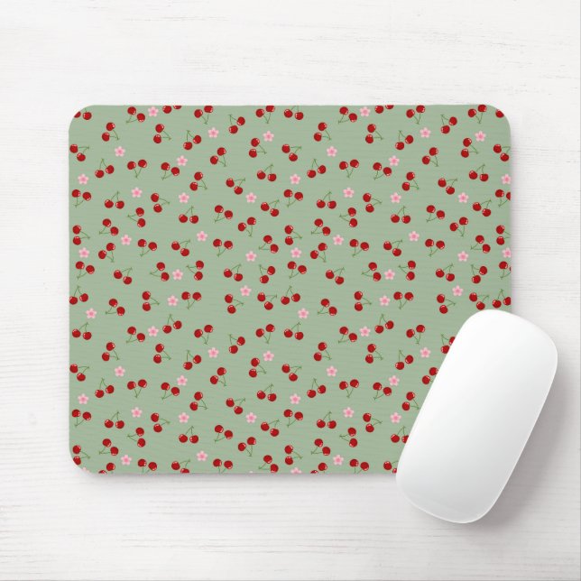 Mousepad Padrão de Cerejas em Fundo Verde (Com mouse)