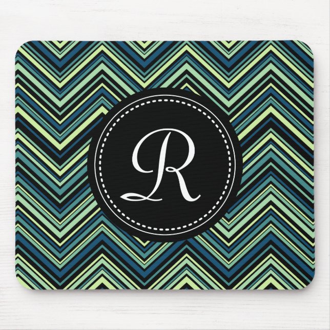 Mousepad Padrão de Chevron Azul Preto Monograma (Frente)