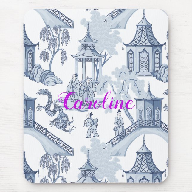 Mousepad Padrão de Chinoiserie Azul e Branco com Monograma (Frente)