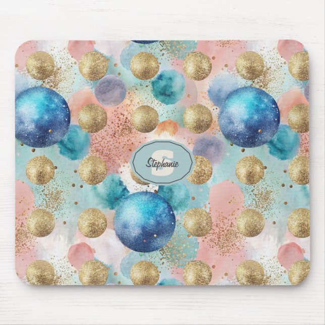 Mousepad Padrão de Círculo Dourado e Azul com Acentos de Gl (Frente)