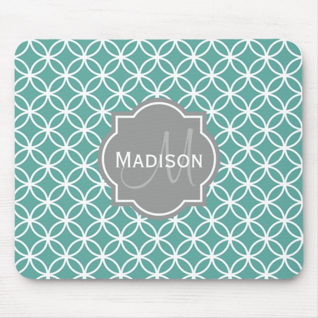 Mousepad Padrão de Círculo Teal Leve Monograma (Frente)