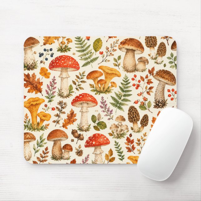 Mousepad Padrão de Cogumelo Outonal em Aquarela (Com mouse)