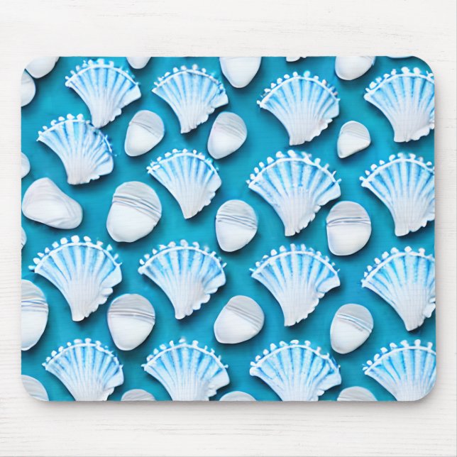 Mousepad Padrão de conchas do oceano azul e branco (Frente)