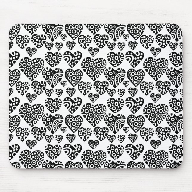 Mousepad Padrão de Coração - Preto em Branco (Frente)