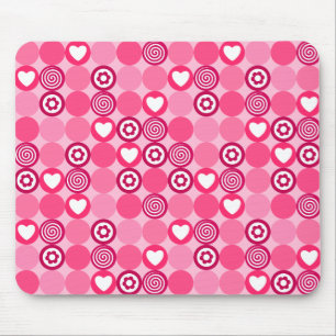 Mousepad Padrão de Coração Rosa Fofo e Pontos de Flor do Di