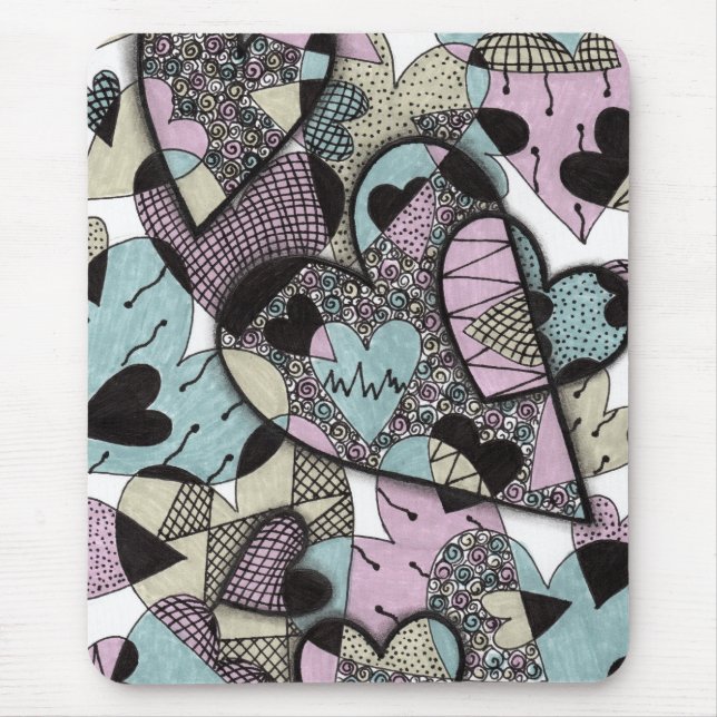 Mousepad Padrão de Coração Zentangle Pastel Caprichoso M (Frente)