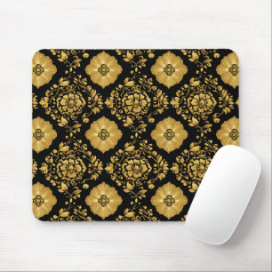 Mousepad Padrão de Damasco Floral Ouro de Luxo em Preto
