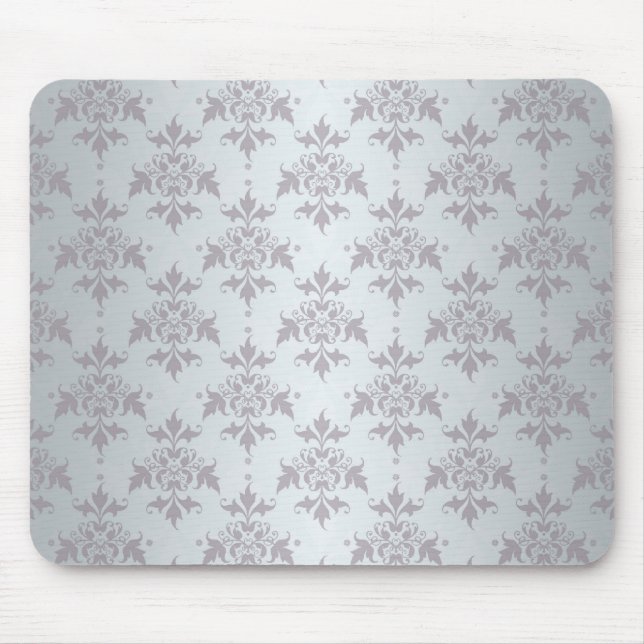 Mousepad Padrão de Damasco Pálido Cinza Prata (Frente)