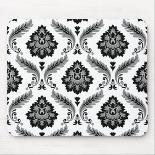 Mousepad Padrão de Damasco Rococó Cinza Preto Branco