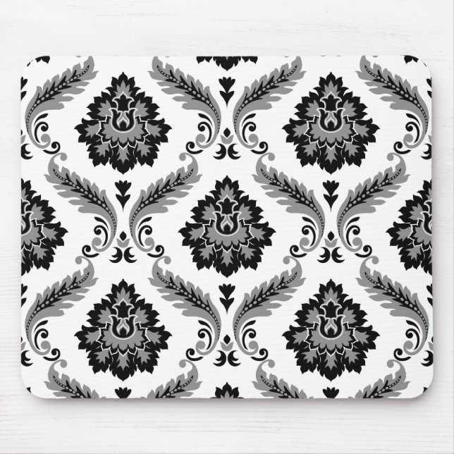 Mousepad Padrão de Damasco Rococó Cinza Preto Branco (Frente)