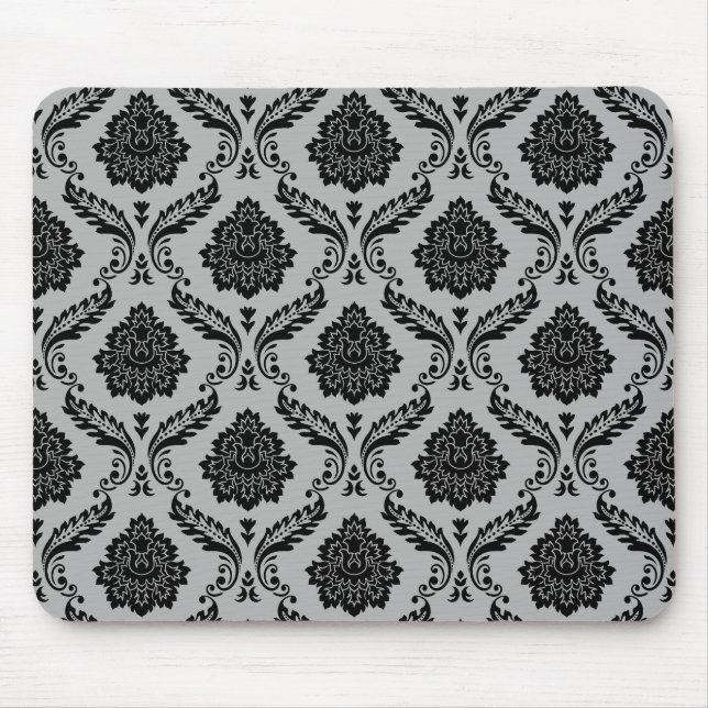Mousepad Padrão de Damasco Rococó Preto no Cinza (Frente)