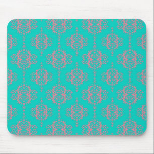 Mousepad Padrão de damasco turquesa e rosa