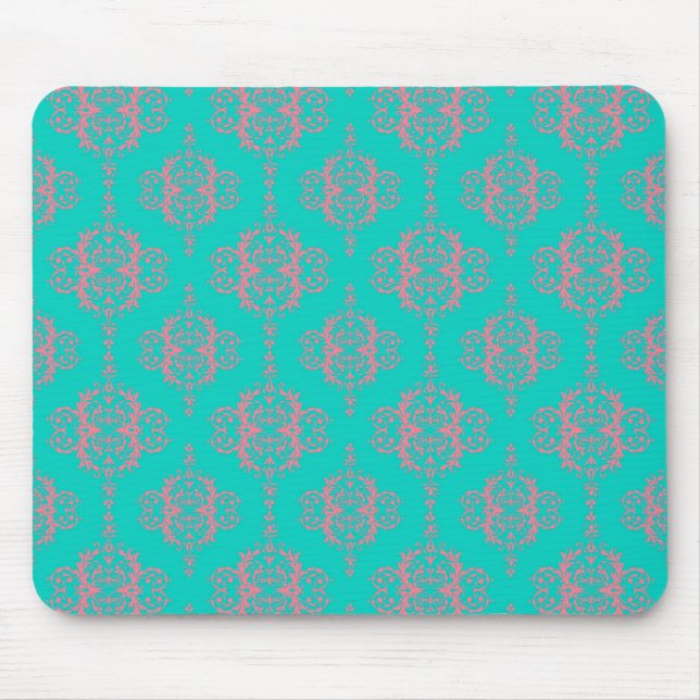 Mousepad Padrão de damasco turquesa e rosa (Frente)