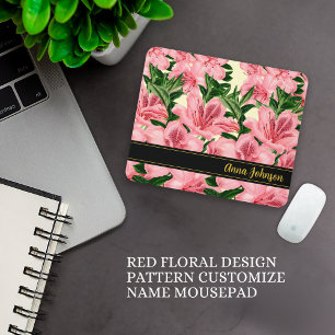 Mousepad Padrão de Design Floral Vermelho Personalizar Nome