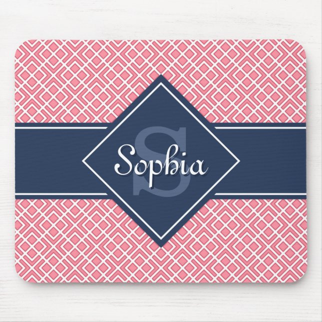 Mousepad Padrão de Diamante Azul e Rosa do Marinho monogram (Frente)