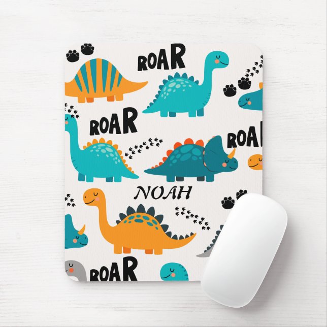 Mousepad Padrão de Dinossauro Fofo Nome Personalizado Monog (Com mouse)
