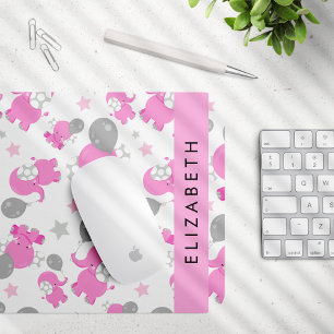 Mousepad Padrão De Elefantes Rosa, Estrelas, Seu Nome