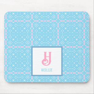Mousepad Padrão de Elementos Azul e Rosa do Nome do Monogra