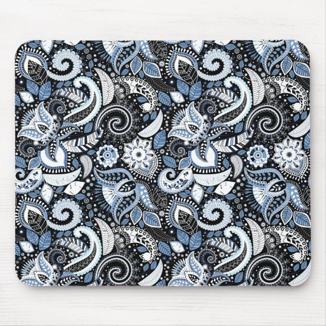 Mousepad Padrão de Estampa Paisley Branco e Azul (Frente)