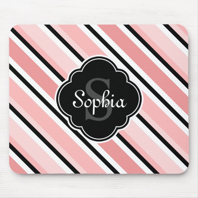 Mousepad Padrão de faixa inclinada a preto e rosa (Frente)