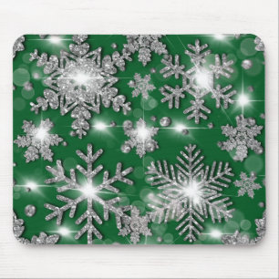 Mousepad Padrão de floco de neve festivo verde-prateado