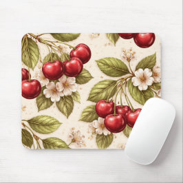 Mousepad Padrão de Flor de Cerejeira Vintage Cerejas Vermel
