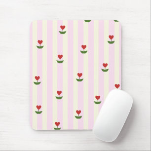 Mousepad Padrão de Flor de Coração Doce – Listras Rosa Suav