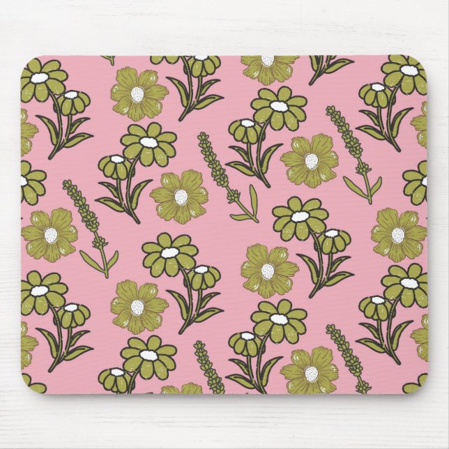 Mousepad Padrão de Flor de Hippie Funky Y2K Retro Rosa Verd (Frente)