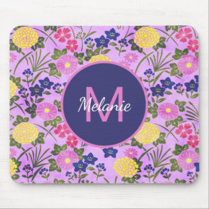 Mousepad Padrão de Flor Monograma Vintage Roxo Bonito