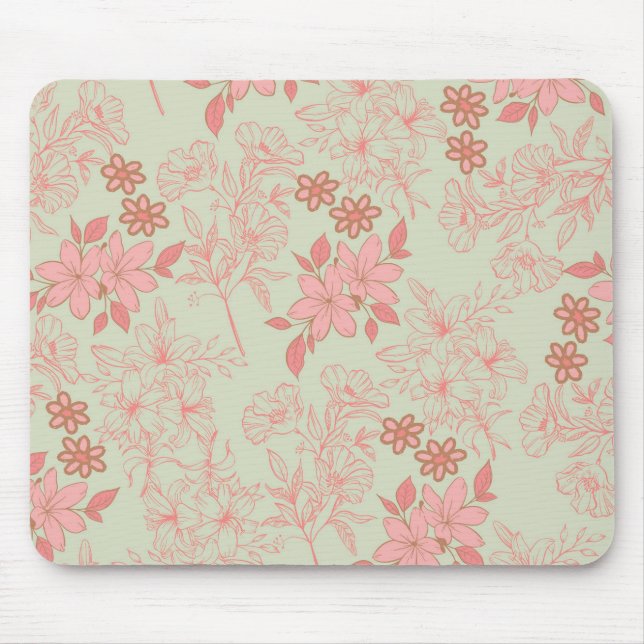 Mousepad Padrão de Flor Verde Cor-de-Rosa Y2K 70s (Frente)
