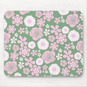 Mousepad Padrão de Flor Y2K 70s - Cor-de-rosa Verde