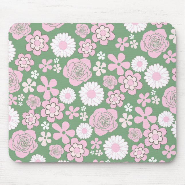 Mousepad Padrão de Flor Y2K 70s - Cor-de-rosa Verde (Frente)