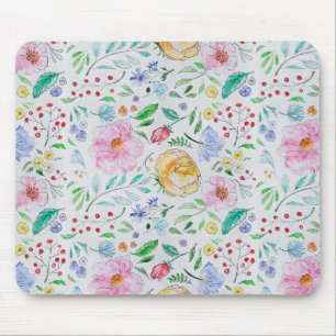 Mousepad Padrão de Flores e Botões em Aquarela Leve e Bonit