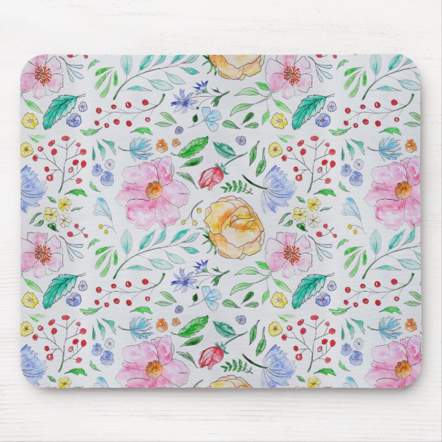 Mousepad Padrão de Flores e Botões em Aquarela Leve e Bonit (Frente)