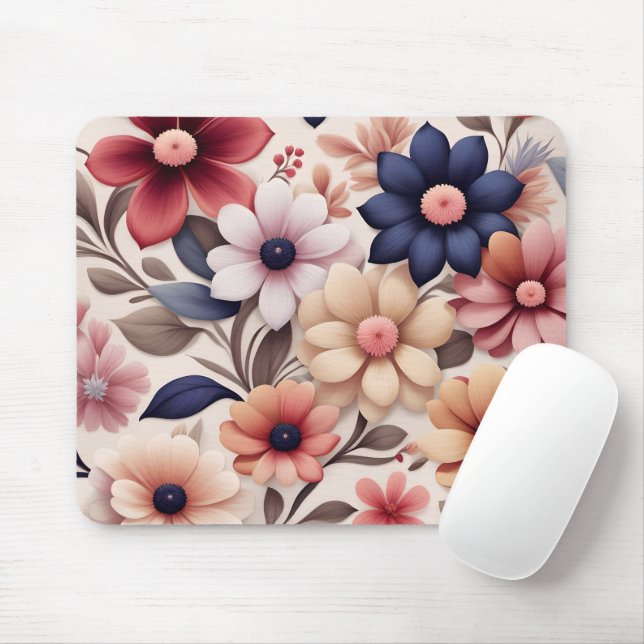 Mousepad Padrão de flores e folhas em rosa ousado (Com mouse)