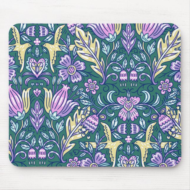 Mousepad Padrão de Flores e Pássaros em Estilo Antigo (Frente)
