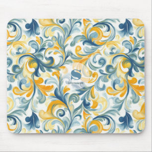 Mousepad Padrão de Folha Azul e Dourada
