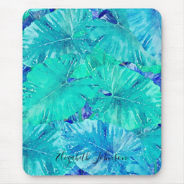 Mousepad Padrão de Folha Azul Tropical (Frente)