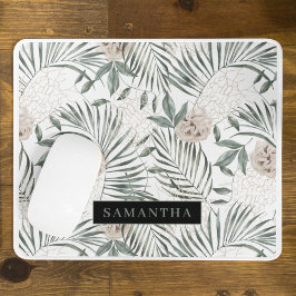 Mousepad Padrão de Folhas e Flores de Aquarelas Tropicais