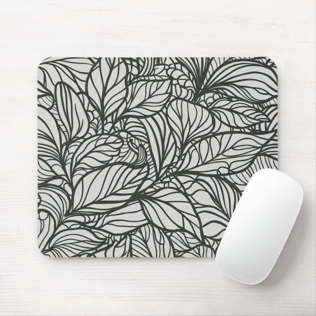 Mousepad Padrão de Folhas Pretas e Brancas (Com mouse)