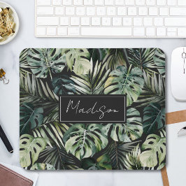 Mousepad Padrão de Folhas Tropicais Verde de Aquarela