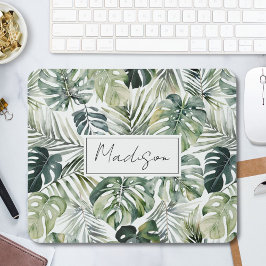 Mousepad Padrão de Folhas Tropicais Verde de Aquarela