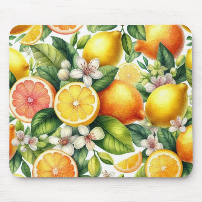 Mousepad Padrão de Frutas Cítricas em Aquarela (Frente)