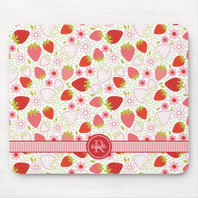 Mousepad Padrão de Frutas Morango de Verão Monograma (Frente)