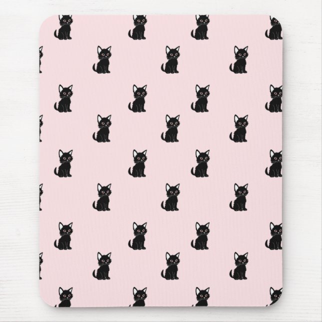 Mousepad Padrão de Gato Preto Fofo em Rosa Pastel (Frente)